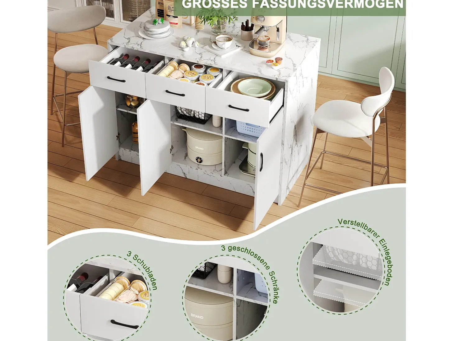 Isla de cocina con encimera de madera Eiche, puertas de cristal templado, estantes ajustables y toallero, diseño moderno (120 x 60 x 90,5 cm)