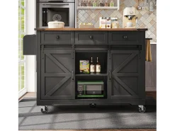 Isla de cocina con encimera abatible - Carrito de cocina con 2 puertas correderas y 3 cajones - toallero y especiero - negro