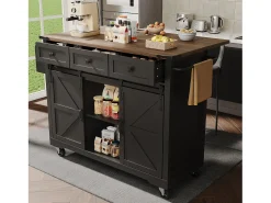 Isla de cocina con encimera abatible - Carrito de cocina con 2 puertas correderas y 3 cajones - toallero y especiero - negro