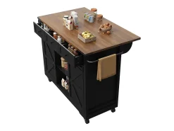 Isla de cocina con encimera abatible - Carrito de cocina con 2 puertas correderas y 3 cajones - toallero y especiero - negro