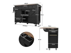 Isla de cocina con encimera abatible - Carrito de cocina con 2 puertas correderas y 3 cajones - toallero y especiero - negro
