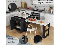 Isla de cocina con mesa extensible para 4-6 personas, almacenaje, enchufes y estantes abiertos, MDF, blanco y negro (211x55x89,5 cm)