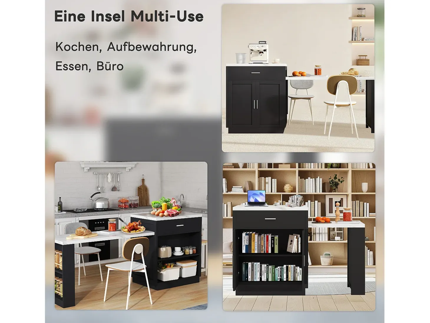 Isla de cocina con mesa extensible para 4-6 personas, almacenaje, enchufes y estantes abiertos, MDF, blanco y negro (211x55x89,5 cm)