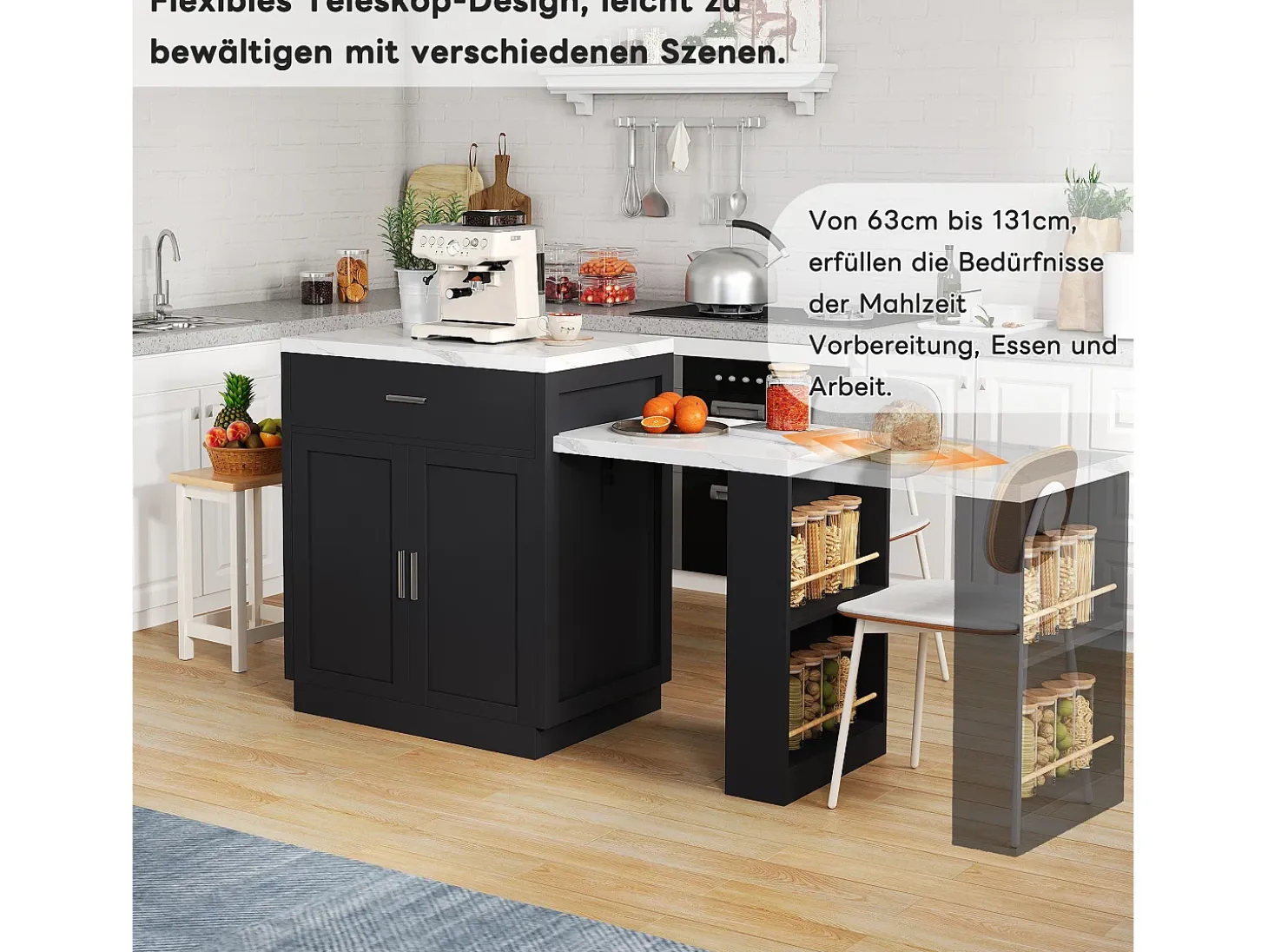 Isla de cocina con mesa extensible para 4-6 personas, almacenaje, enchufes y estantes abiertos, MDF, blanco y negro (211x55x89,5 cm)