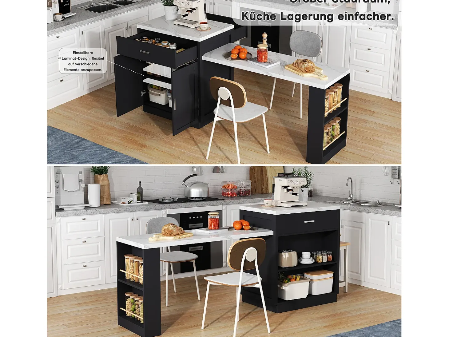 Isla de cocina con mesa extensible para 4-6 personas, almacenaje, enchufes y estantes abiertos, MDF, blanco y negro (211x55x89,5 cm)