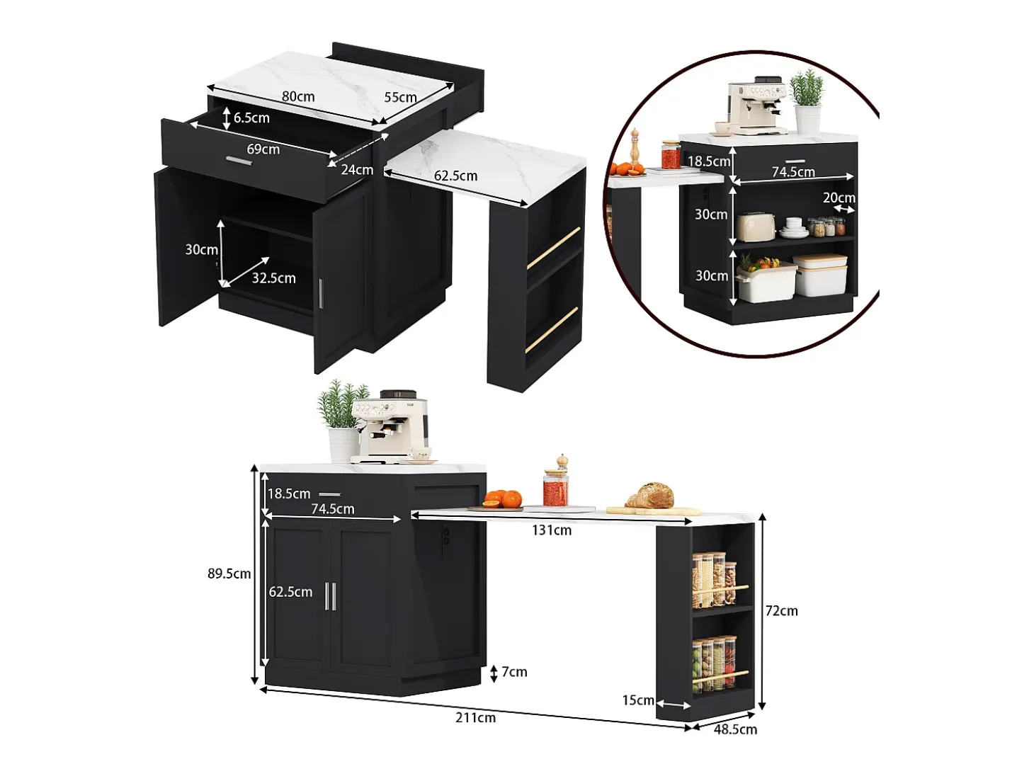 Isla de cocina con mesa extensible para 4-6 personas, almacenaje, enchufes y estantes abiertos, MDF, blanco y negro (211x55x89,5 cm)
