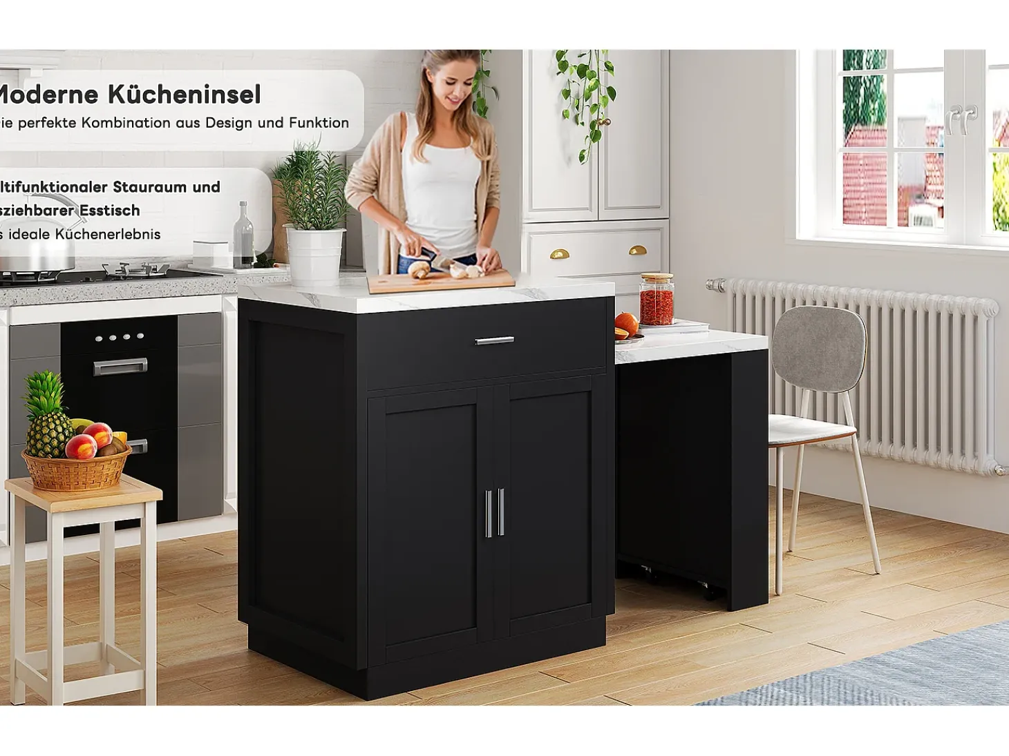Isla de cocina con mesa extensible para 4-6 personas, almacenaje, enchufes y estantes abiertos, MDF, blanco y negro (211x55x89,5 cm)