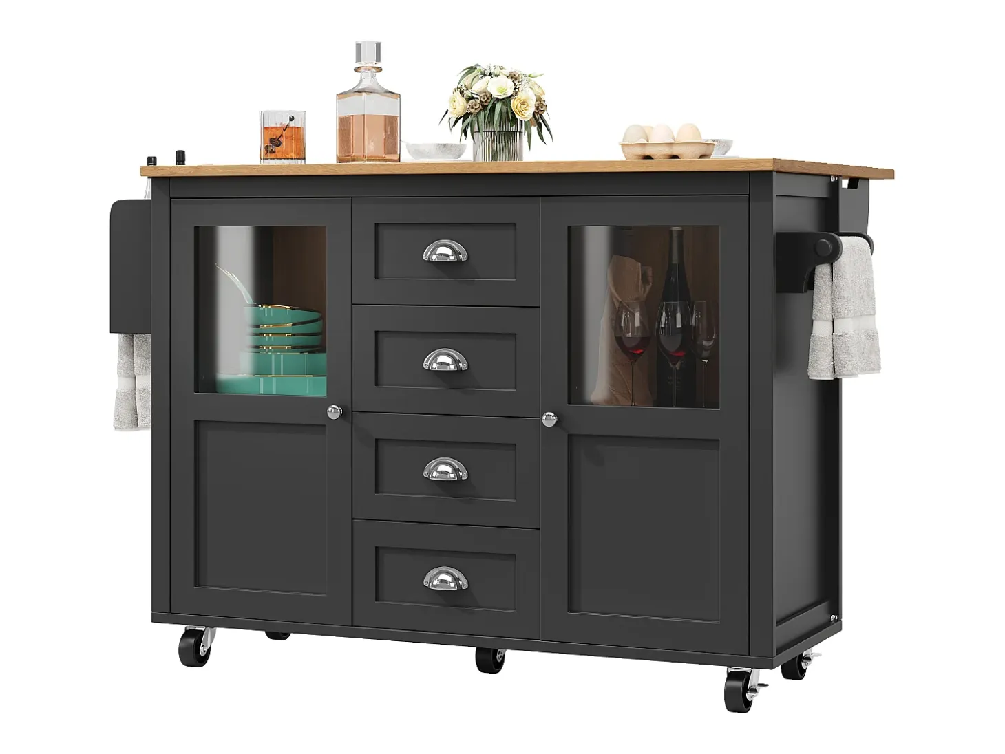 Isla de cocina con mesa plegable, almacenaje con ruedas, MDF y metal, blanco y negro (137,9x73x92,5 cm)