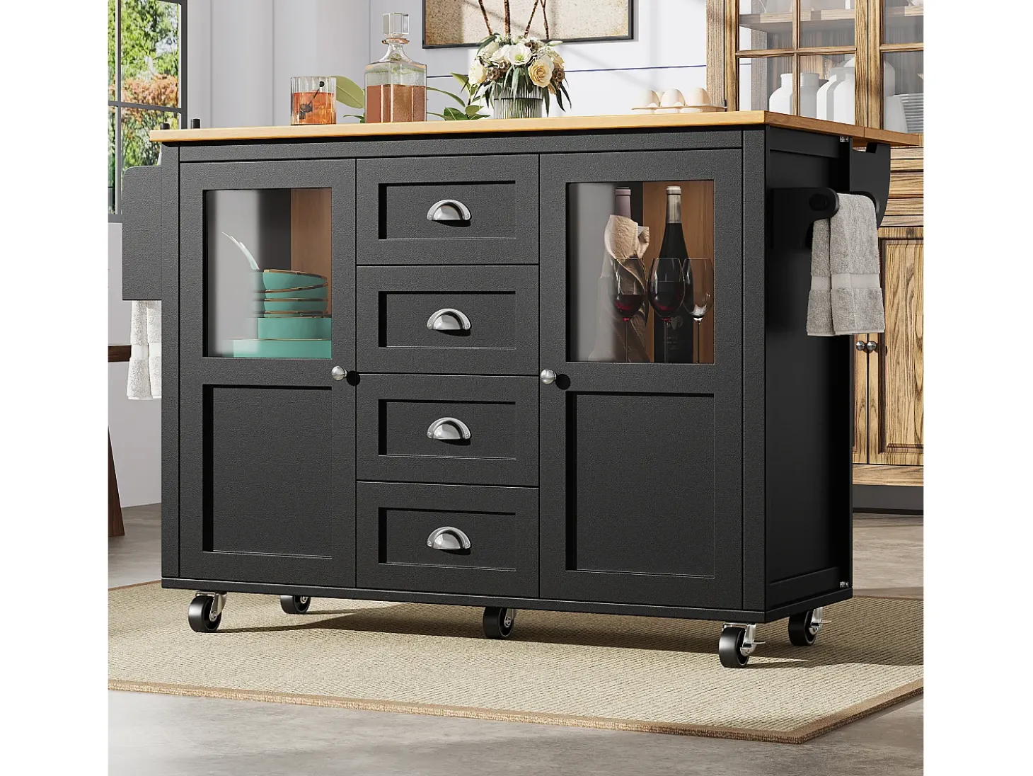 Isla de cocina con mesa plegable, almacenaje con ruedas, MDF y metal, blanco y negro (137,9x73x92,5 cm)