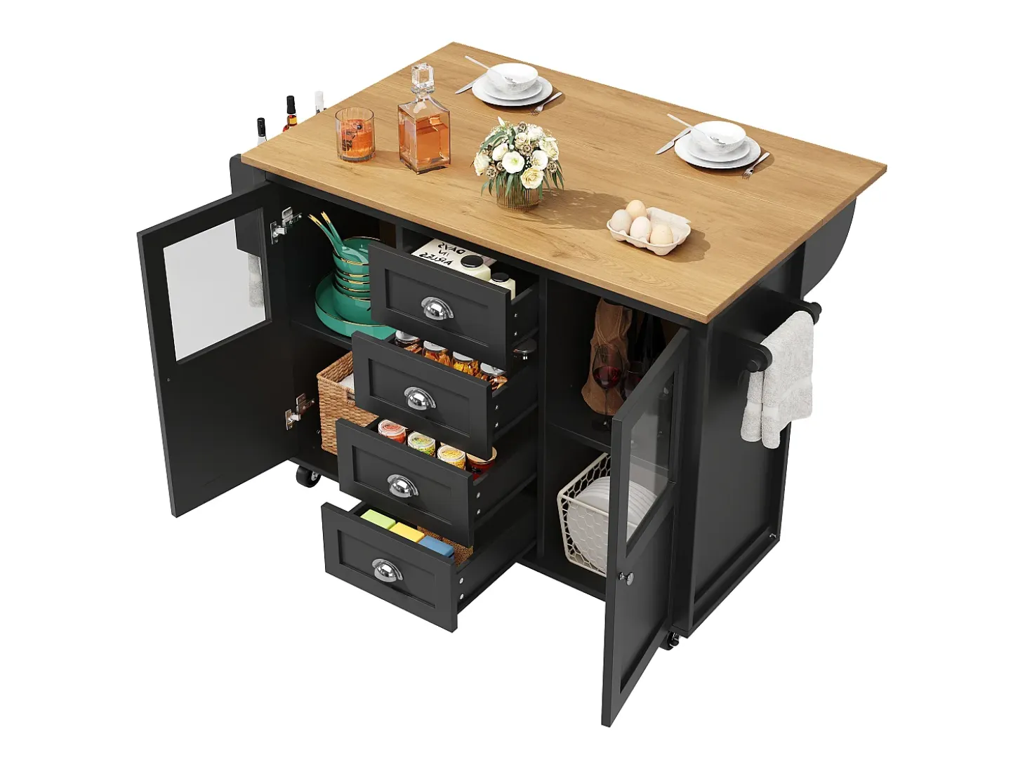 Isla de cocina con mesa plegable, almacenaje con ruedas, MDF y metal, blanco y negro (137,9x73x92,5 cm)