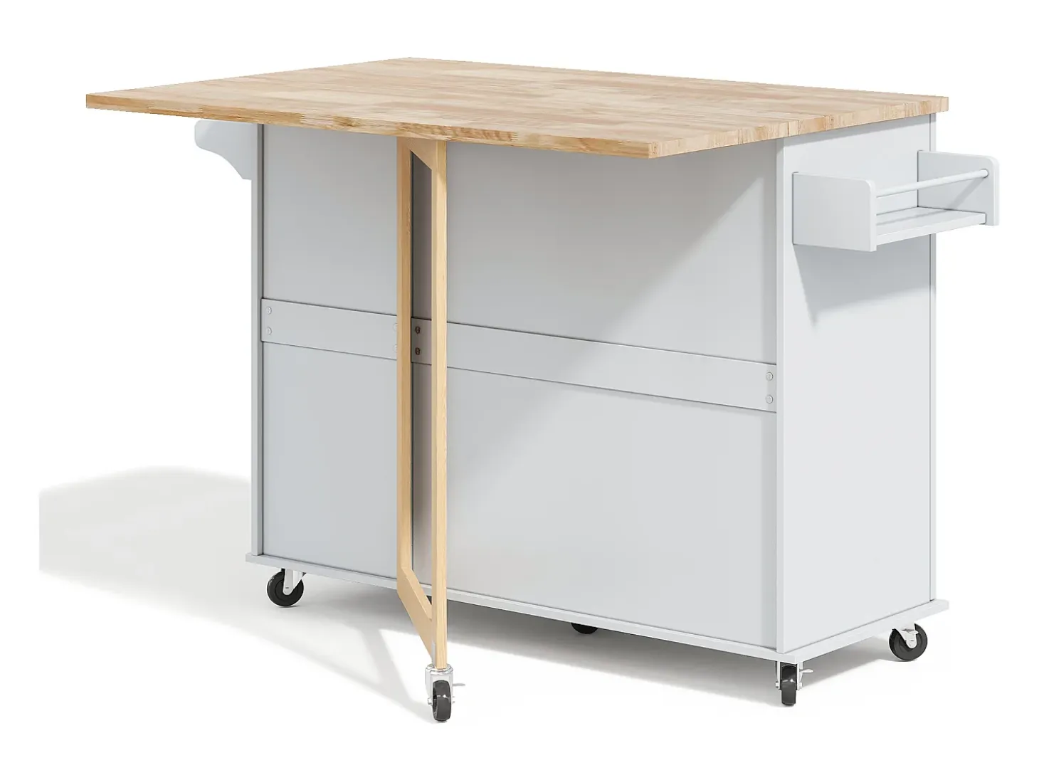 Isla de cocina con ruedas 137x43/76 cm con 3 cajones y 2 puertas - Gris y madera
