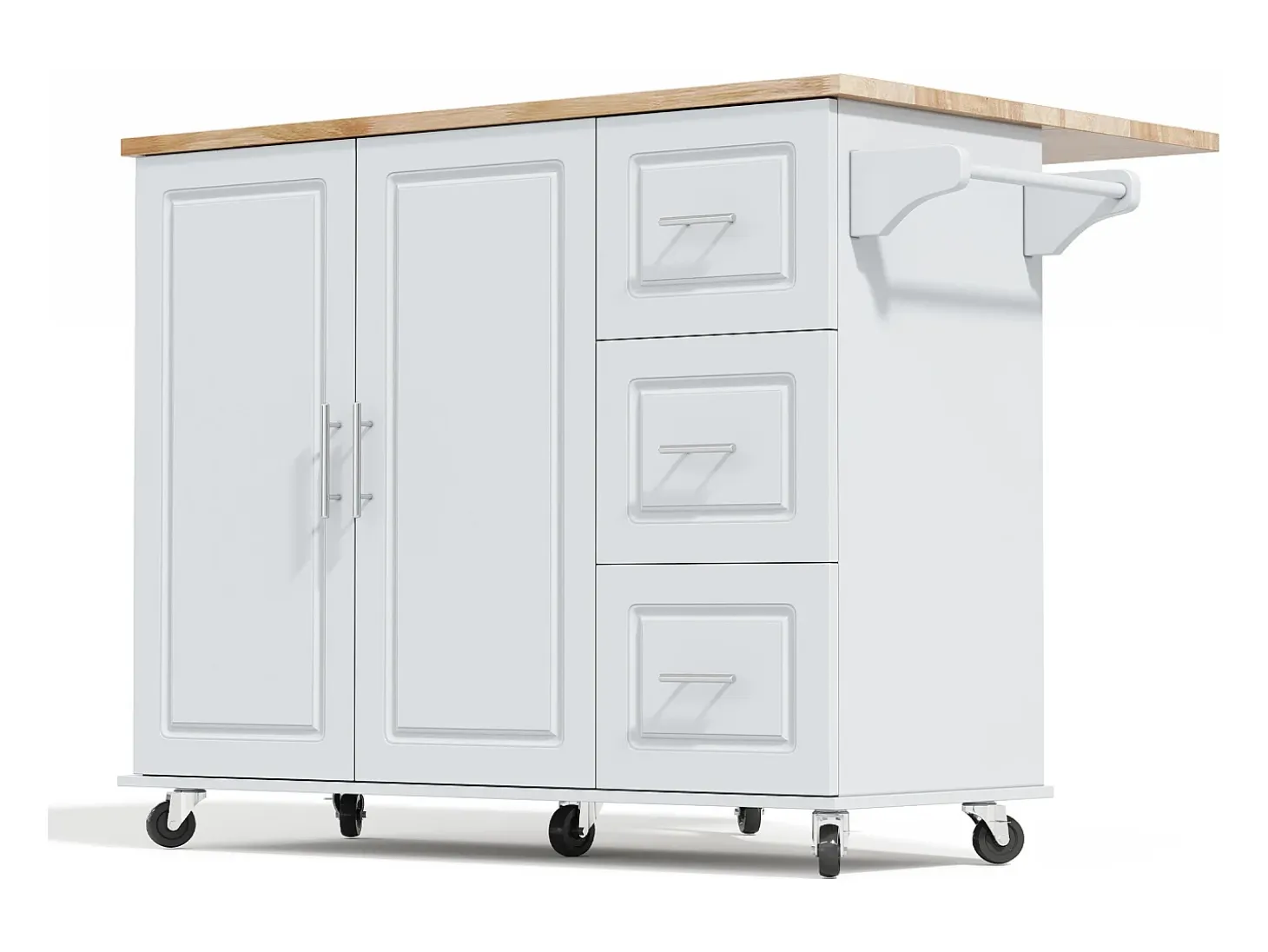 Isla de cocina con ruedas 137x43/76 cm con 3 cajones y 2 puertas - Gris y madera