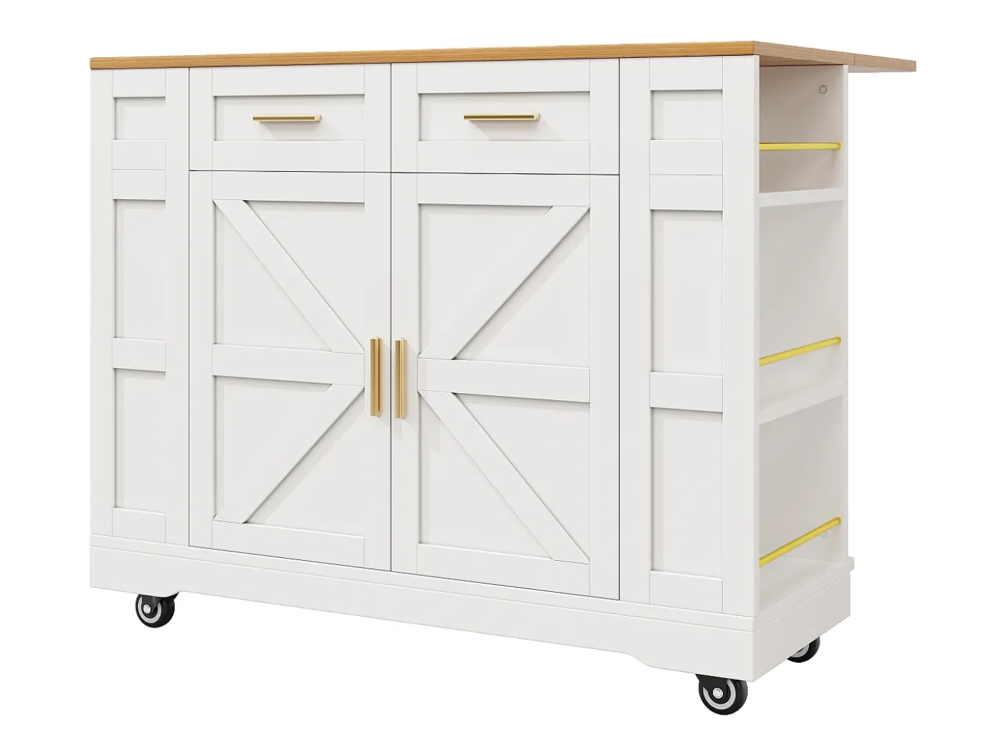 Isla de cocina con ruedas - 120 x 65 x 90 cm - Carrito con módulos extensibles - 2 puertas + 2 cajones - MDF - Blanco