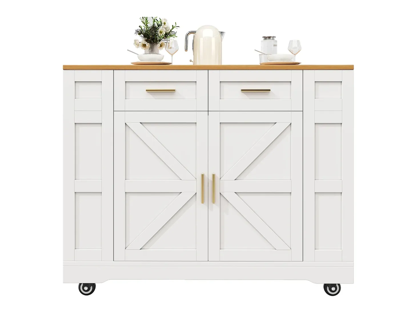 Isla de cocina con ruedas - 120 x 65 x 90 cm - Carrito con módulos extensibles - 2 puertas + 2 cajones - MDF - Blanco