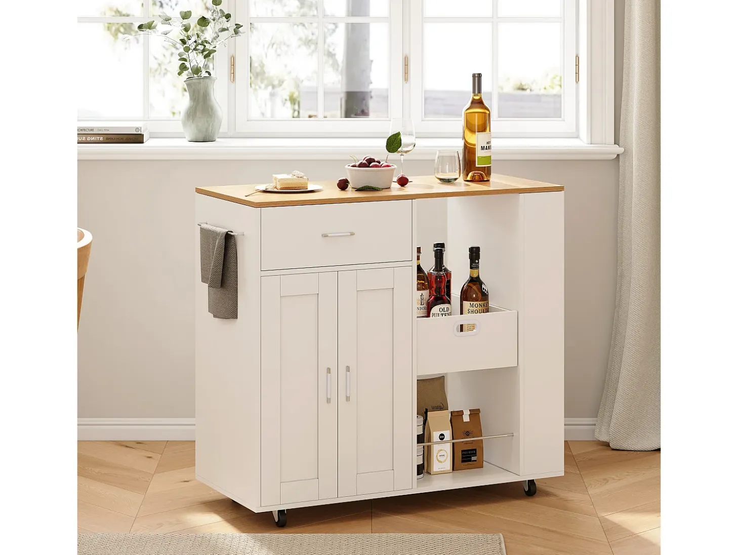 Isla de cocina con ruedas, carrito de cocina móvil con encimera y almacenaje, mueble de almacenaje, 102 × 46 × 92 cm, Blanco