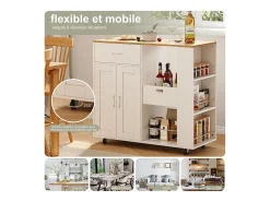 Isla de cocina con ruedas, carrito de cocina móvil con encimera y almacenaje, mueble de almacenaje, 102 × 46 × 92 cm, Blanco