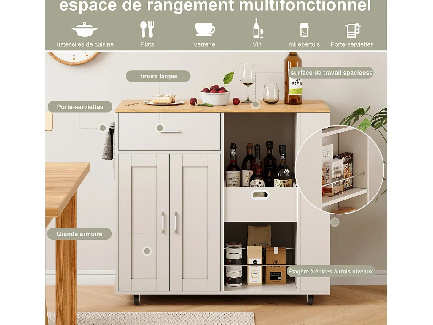 Isla de cocina con ruedas, carrito de cocina móvil con encimera y almacenaje, mueble de almacenaje, 102 × 46 × 92 cm, Blanco