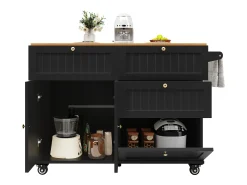 Isla de cocina con ruedas - 133 x 70 x 88 cm - Carrito con módulos extensibles + 3 cajones + 3 puertas - MDF - Negro