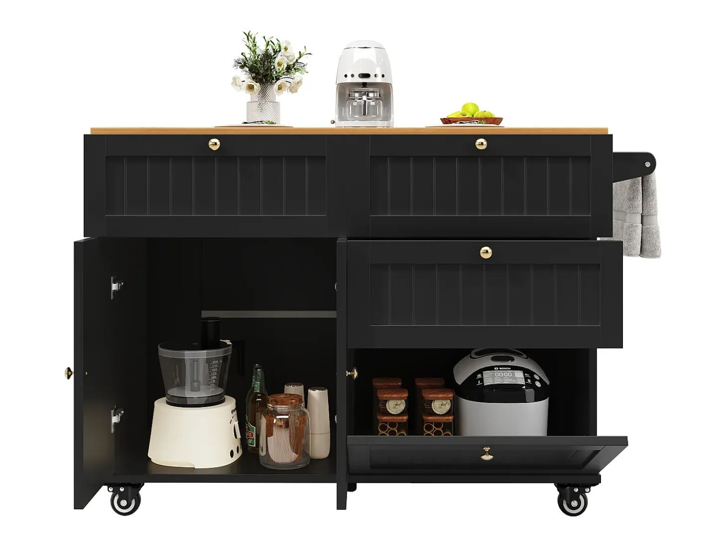 Isla de cocina con ruedas - 133 x 70 x 88 cm - Carrito con módulos extensibles + 3 cajones + 3 puertas - MDF - Negro
