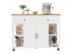 Isla de cocina con ruedas - Mesa comedor extensible - 2 puertas y 2 cajones - Estantes abiertos - MDF - Blanco