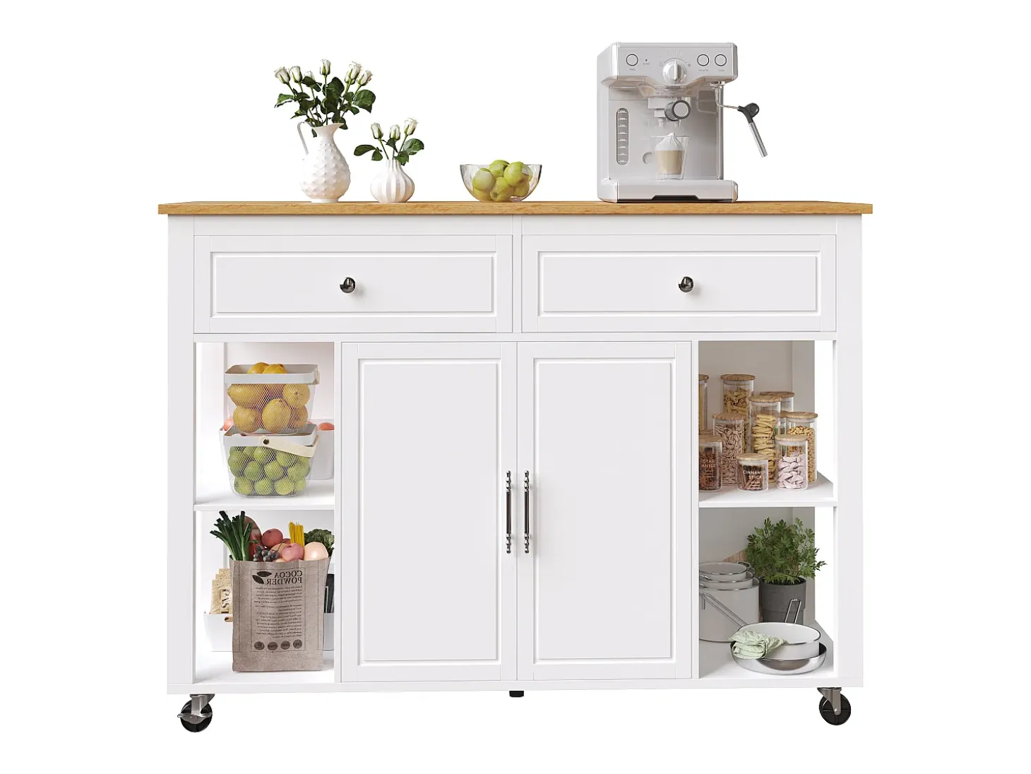 Isla de cocina con ruedas - Mesa comedor extensible - 2 puertas y 2 cajones - Estantes abiertos - MDF - Blanco