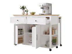 Isla de cocina con ruedas - Mesa comedor extensible - 2 puertas y 2 cajones - Estantes abiertos - MDF - Blanco