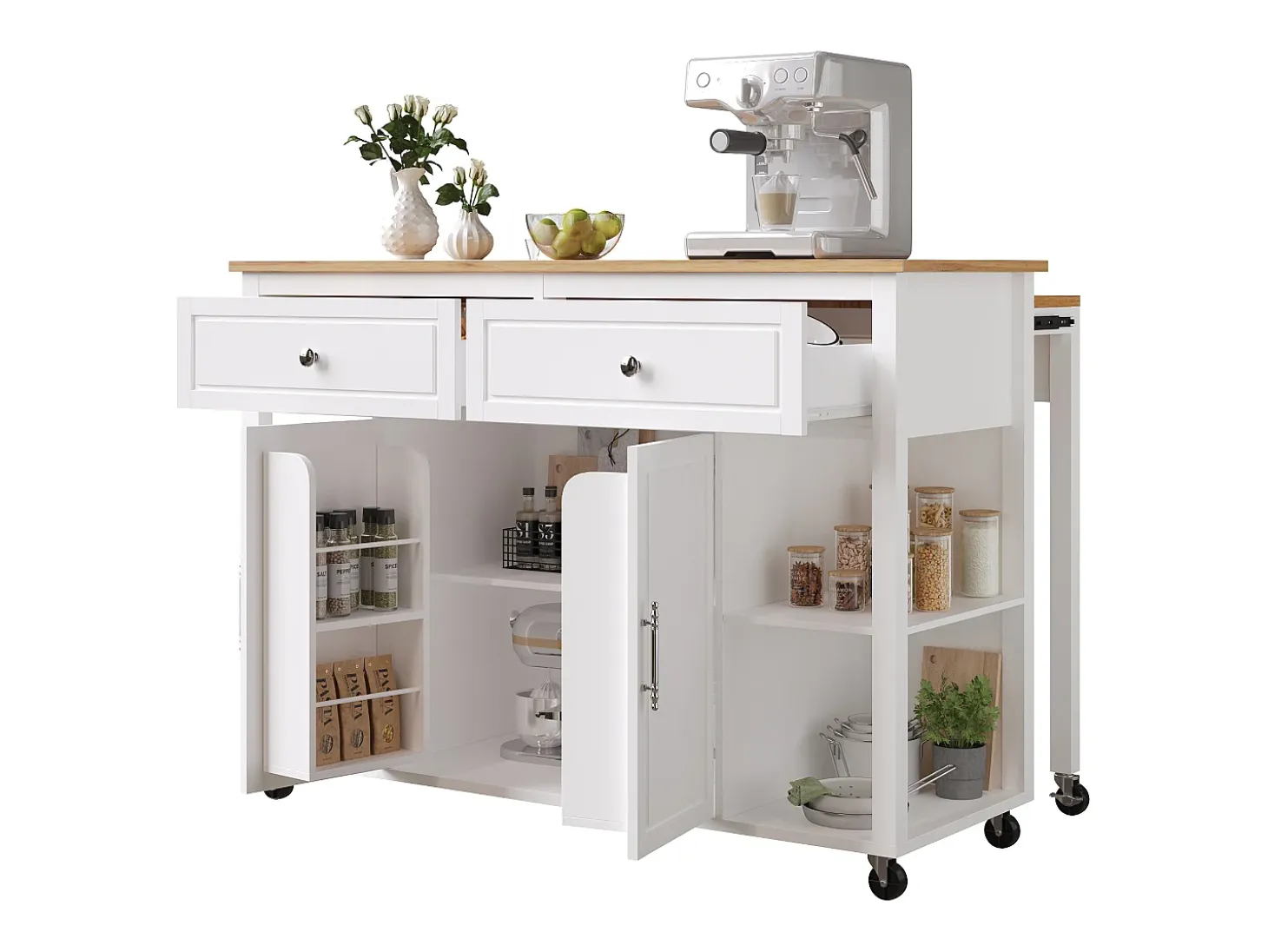 Isla de cocina con ruedas - Mesa comedor extensible - 2 puertas y 2 cajones - Estantes abiertos - MDF - Blanco