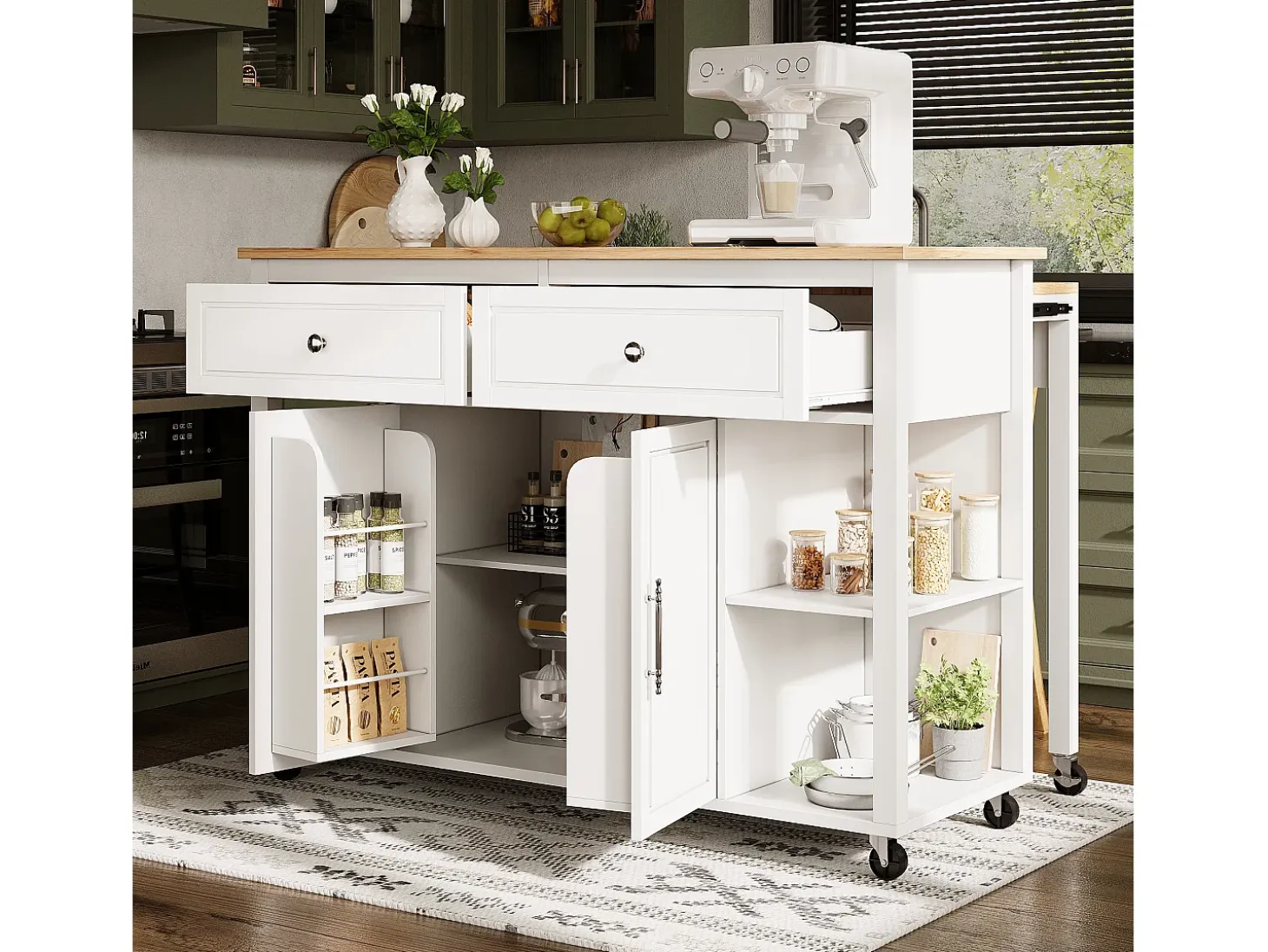 Isla de cocina con ruedas - Mesa comedor extensible - 2 puertas y 2 cajones - Estantes abiertos - MDF - Blanco