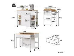 Isla de cocina con ruedas - Mesa comedor extensible - 2 puertas y 2 cajones - Estantes abiertos - MDF - Blanco