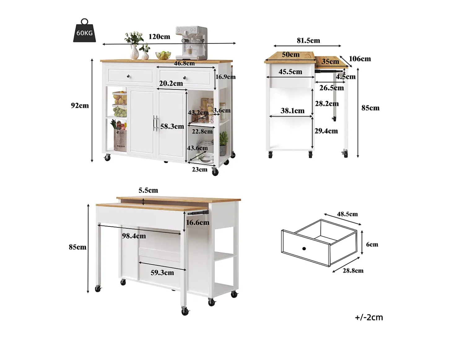 Isla de cocina con ruedas - Mesa comedor extensible - 2 puertas y 2 cajones - Estantes abiertos - MDF - Blanco