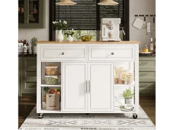 Isla de cocina con ruedas - Mesa comedor extensible - 2 puertas y 2 cajones - Estantes abiertos - MDF - Blanco