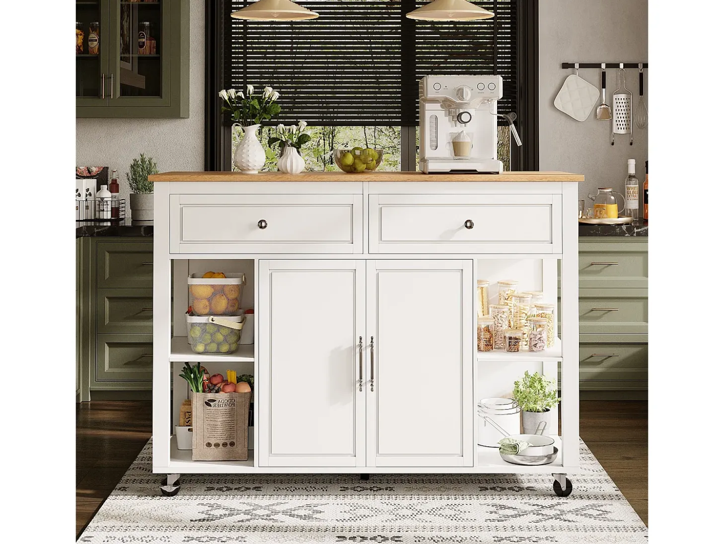 Isla de cocina con ruedas - Mesa comedor extensible - 2 puertas y 2 cajones - Estantes abiertos - MDF - Blanco