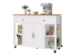 Isla de cocina con ruedas - Mesa comedor extensible - 2 puertas y 2 cajones - Estantes abiertos - MDF - Blanco