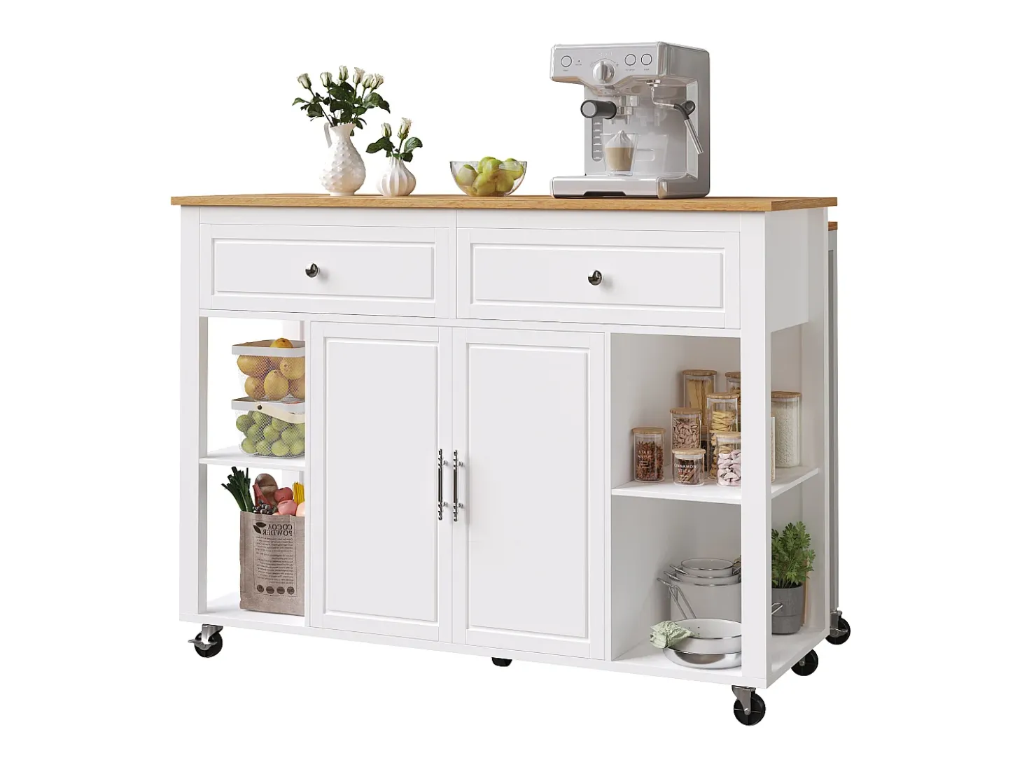 Isla de cocina con ruedas - Mesa comedor extensible - 2 puertas y 2 cajones - Estantes abiertos - MDF - Blanco