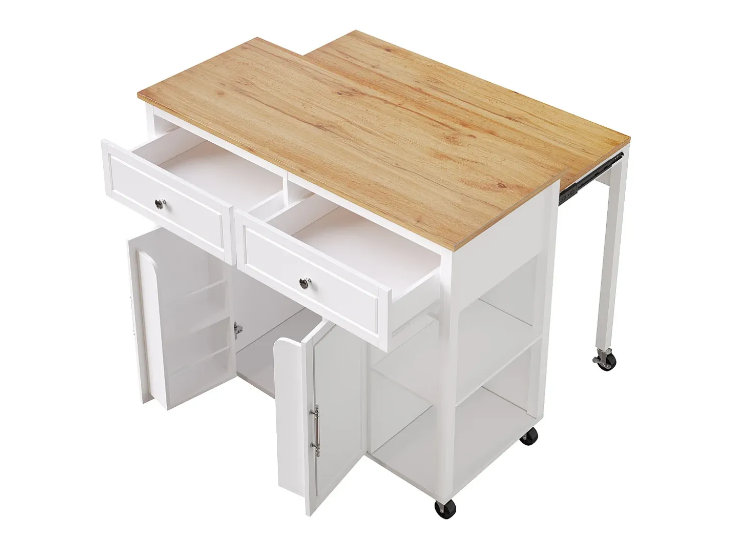 Isla de cocina con ruedas - Mesa comedor extensible - 2 puertas y 2 cajones - Estantes abiertos - MDF - Blanco