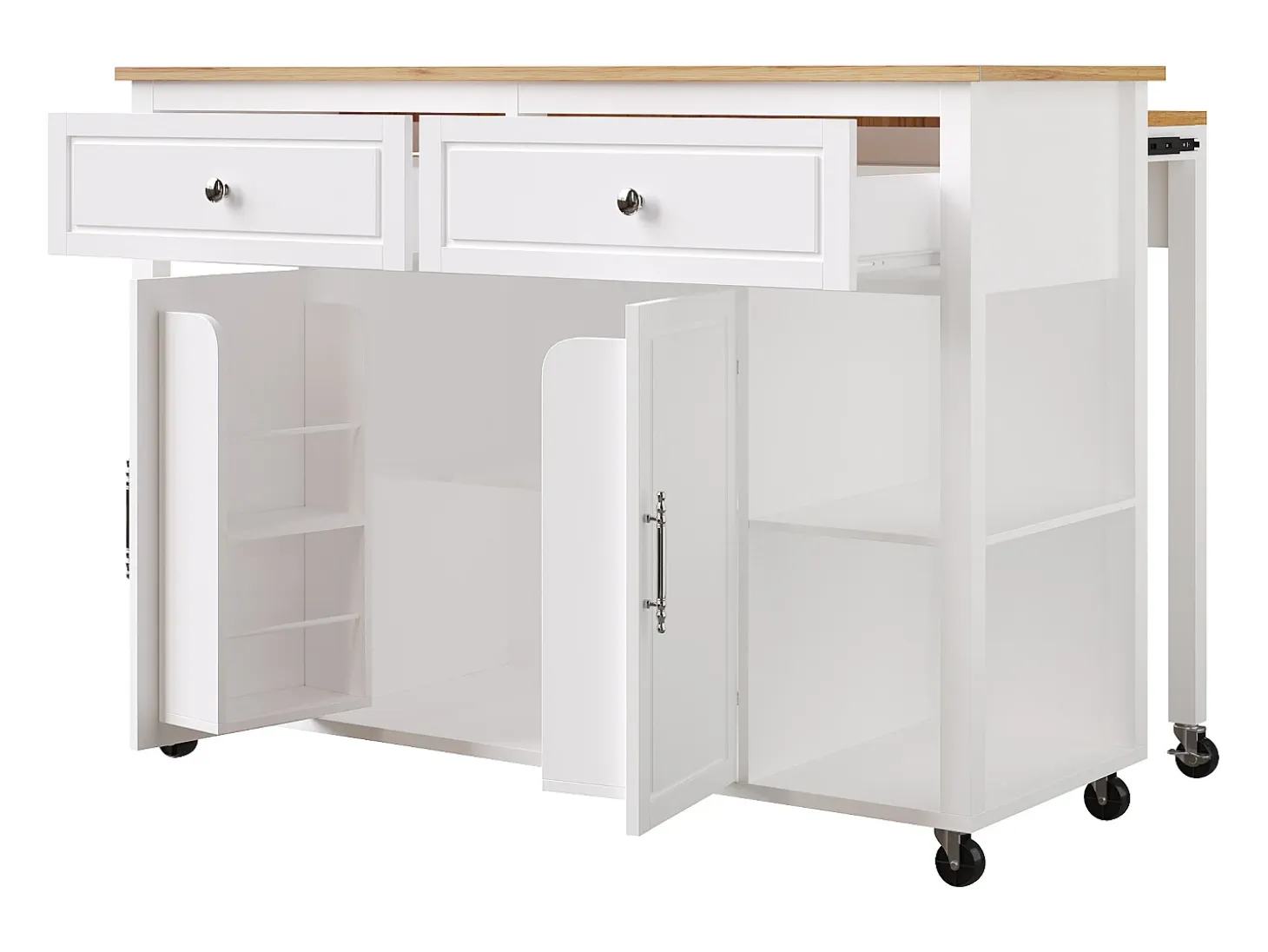Isla de cocina con ruedas - Mesa comedor extensible - 2 puertas y 2 cajones - Estantes abiertos - MDF - Blanco