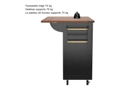 Isla de cocina con ruedas - 140 x 45 x 90,5 cm - con encimera extensible + 2 puertas + 3 cajones - Metal + MDF - negro