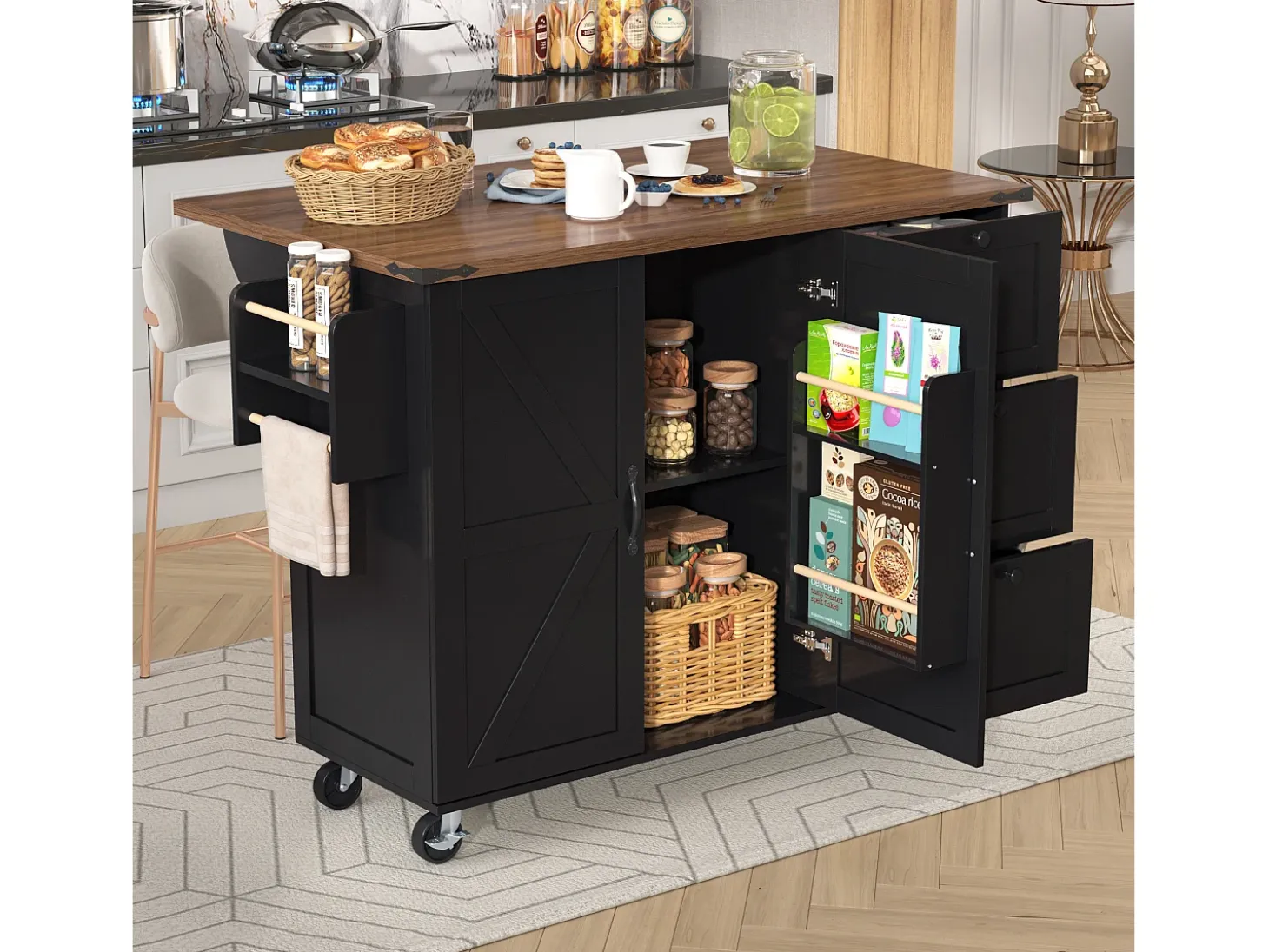 Isla de cocina con ruedas - 140 x 45 x 90,5 cm - con encimera extensible + 2 puertas + 3 cajones - Metal + MDF - negro
