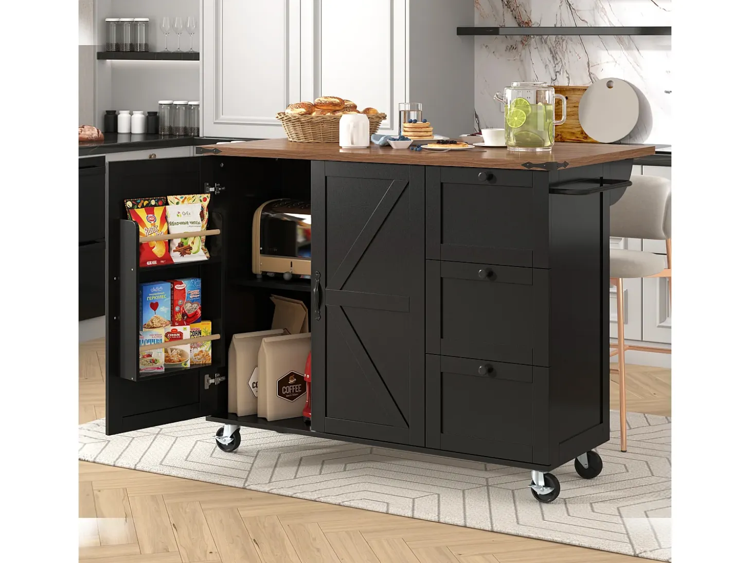 Isla de cocina con ruedas - 140 x 45 x 90,5 cm - con encimera extensible + 2 puertas + 3 cajones - Metal + MDF - negro