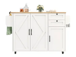 Isla de cocina con ruedas - 140 x 43 x 92 cm - con encimera extensible + 3 puertas + 2 cajones - Metal + MDF - blanco