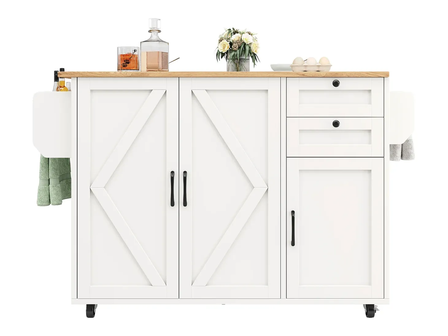 Isla de cocina con ruedas - 140 x 43 x 92 cm - con encimera extensible + 3 puertas + 2 cajones - Metal + MDF - blanco