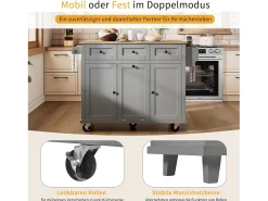 Isla de cocina con ruedas - 131,2 x 46,2/76,2 x 92,7 cm - encimera abatible - con 3 puertas + 3 cajones - MDF - gris