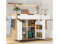 Isla de cocina con ruedas con 3 cajones y 3 puertas - Carrito de servicio moderno blanco y madera
