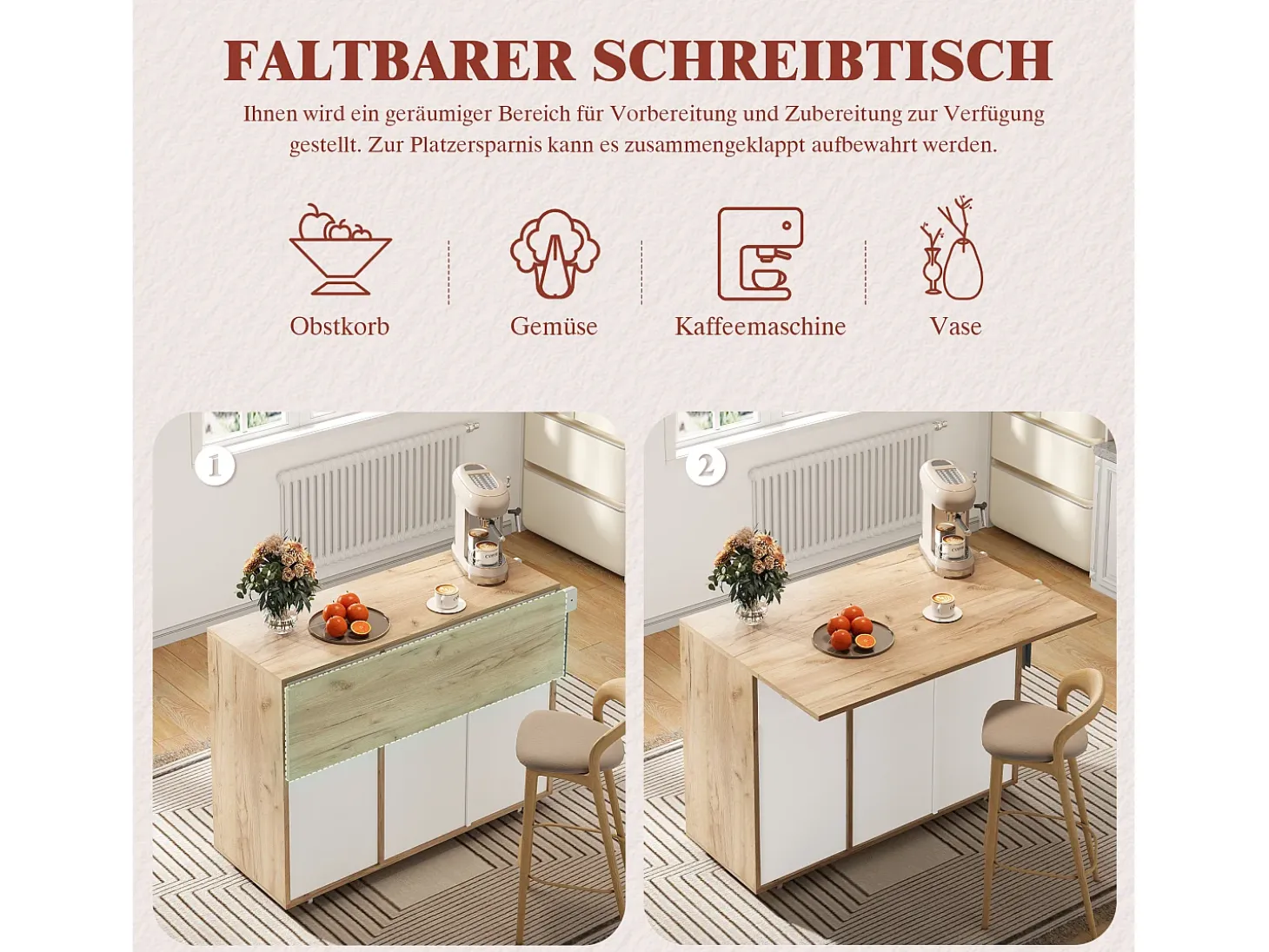 Isla de cocina con ruedas con 3 cajones y 3 puertas - Carrito de servicio moderno blanco y madera