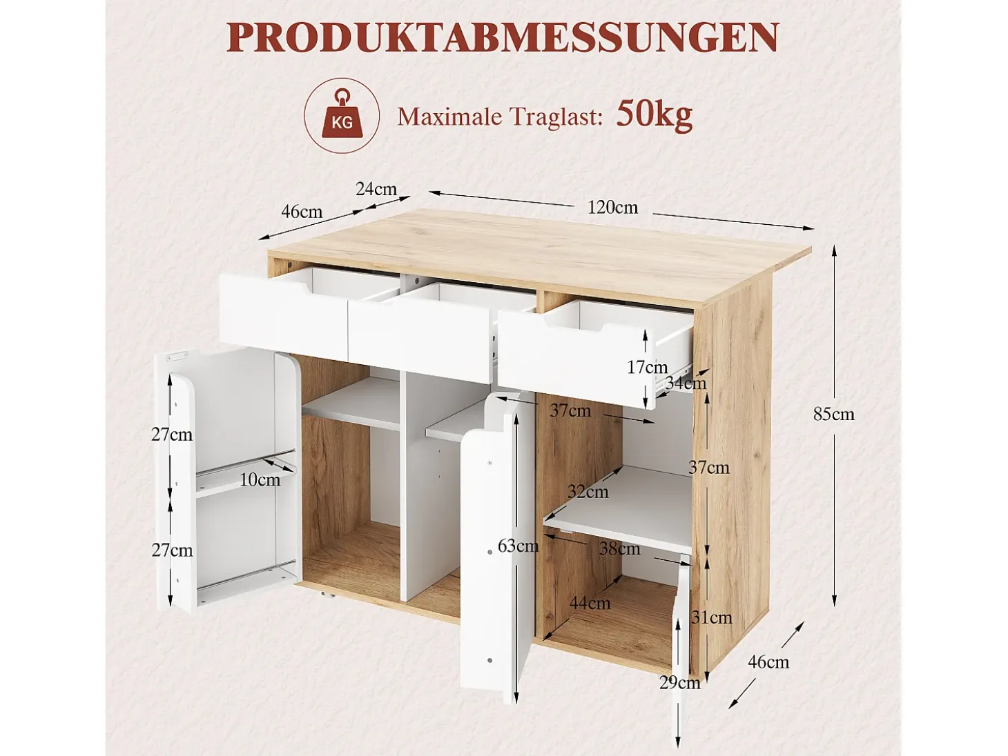 Isla de cocina con ruedas con 3 cajones y 3 puertas - Carrito de servicio moderno blanco y madera