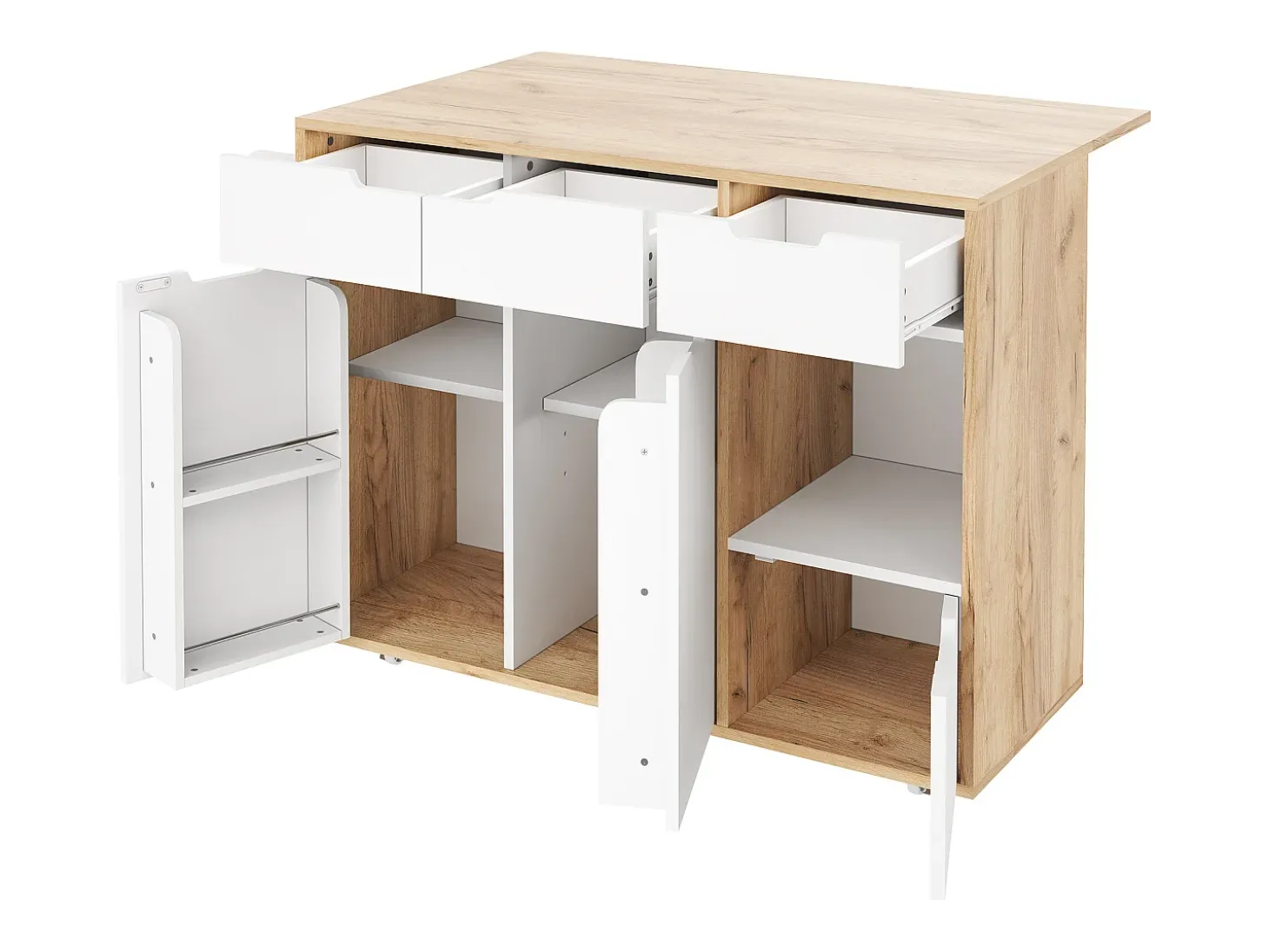 Isla de cocina con ruedas con 3 cajones y 3 puertas - Carrito de servicio moderno blanco y madera