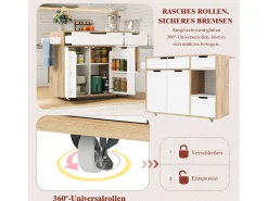 Isla de cocina con ruedas con 3 cajones y 3 puertas - Carrito de servicio moderno blanco y madera