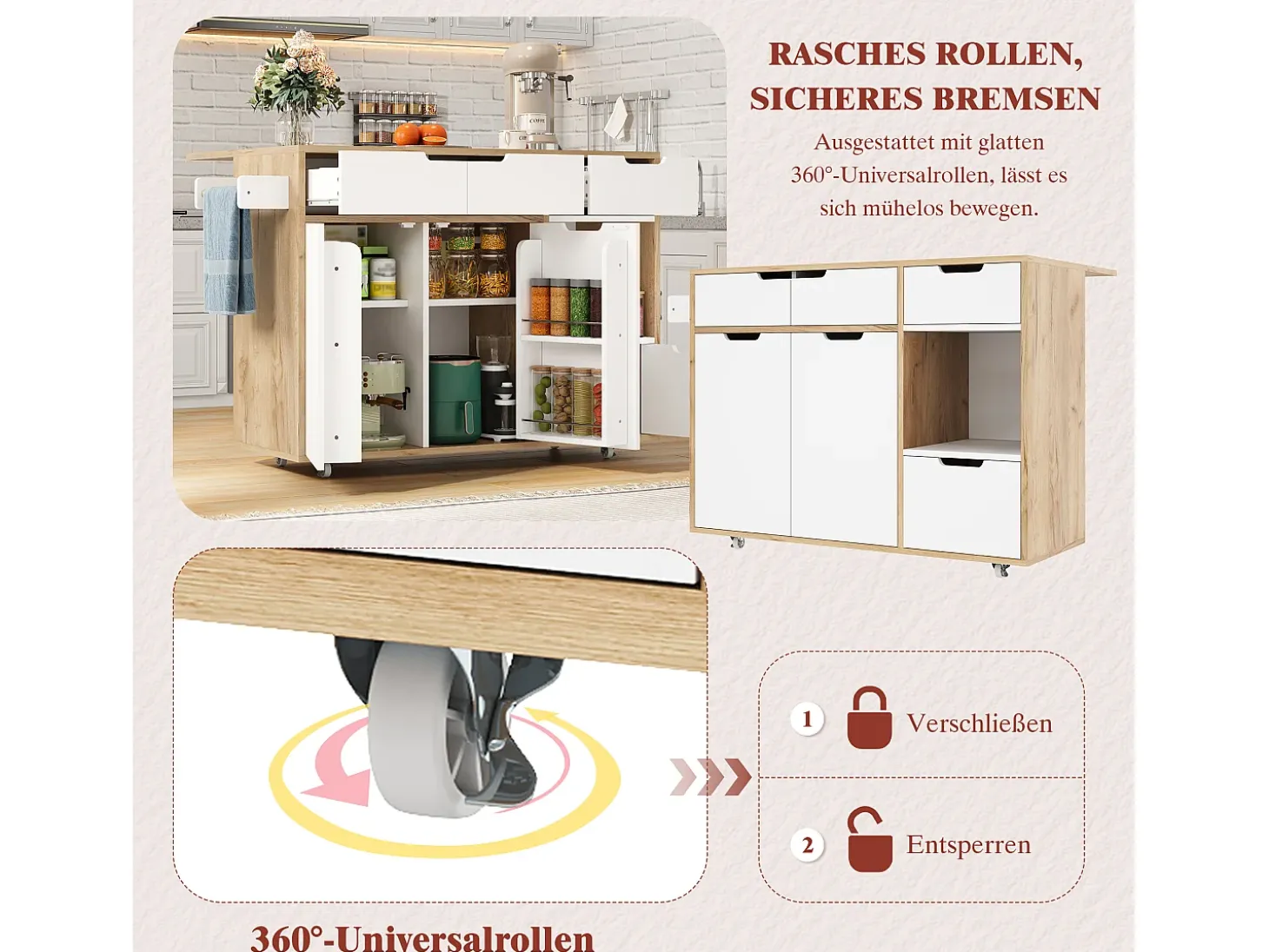 Isla de cocina con ruedas con 3 cajones y 3 puertas - Carrito de servicio moderno blanco y madera