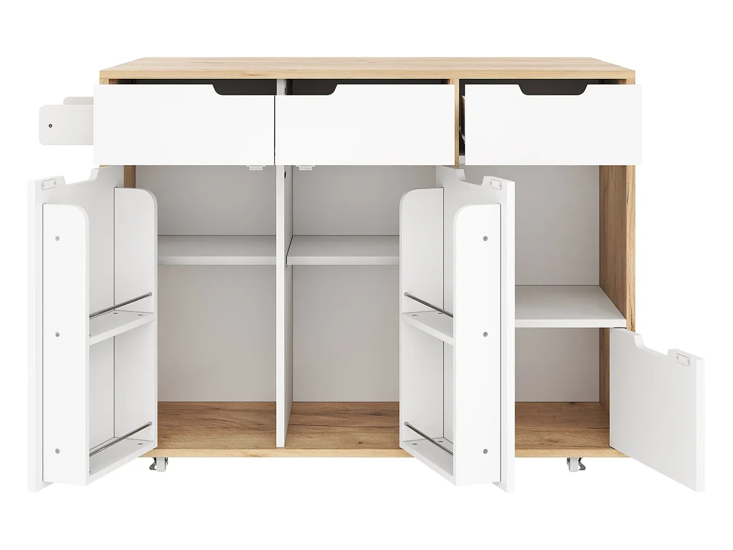 Isla de cocina con ruedas con 3 cajones y 3 puertas - Carrito de servicio moderno blanco y madera