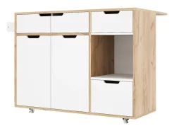 Isla de cocina con ruedas con 3 cajones y 3 puertas - Carrito de servicio moderno blanco y madera
